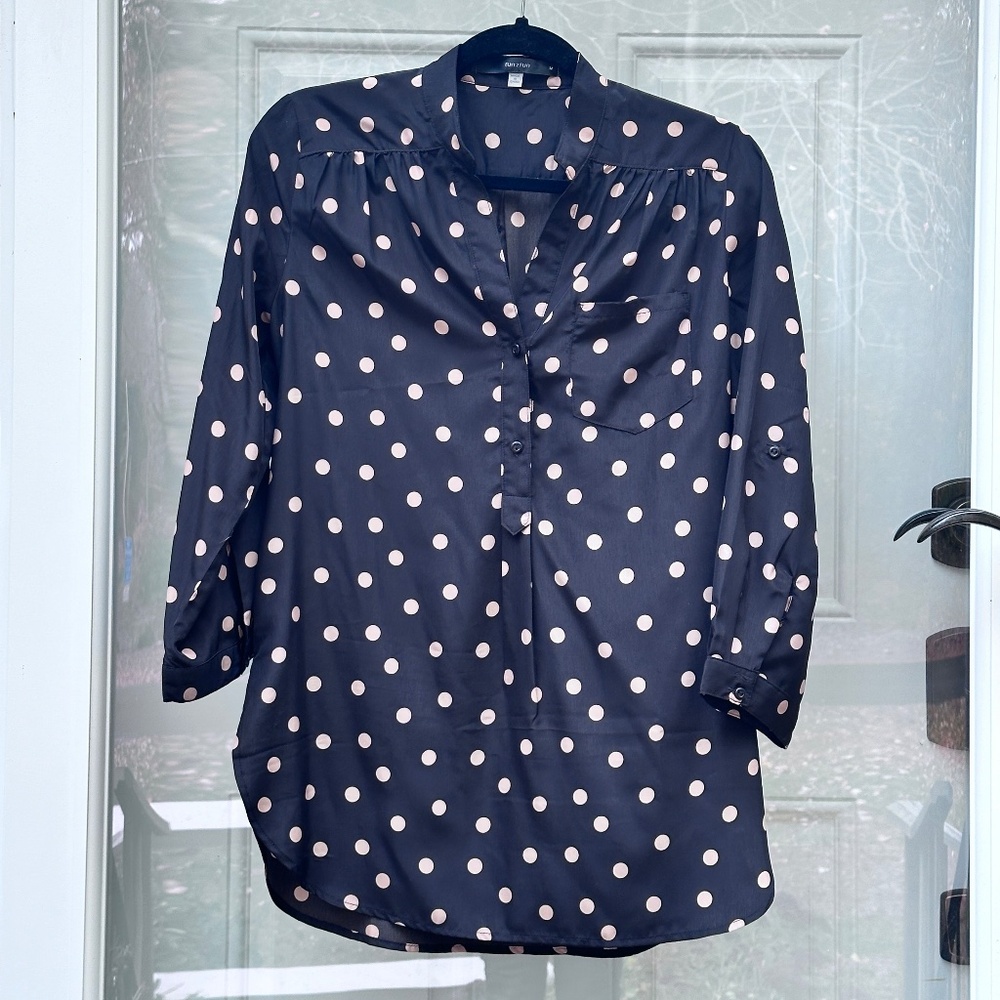 Polka Dot Tunic blouse: black/tan, size M. 3/4 sleeves